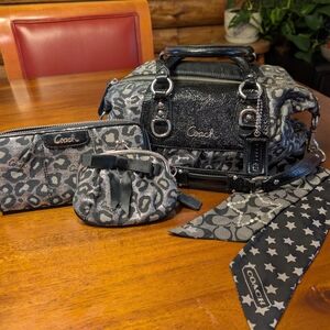 Coach Black and Gray Leopard Print Silver Splarkle Bag Set